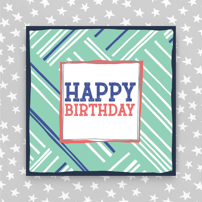 Happy Birthday Card - Blue/White lines on green (TF49)