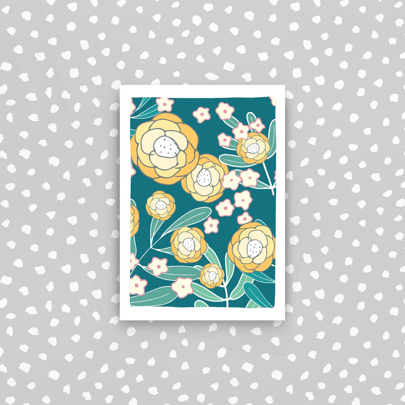 D45 - Yellow flowers on blue background mini card