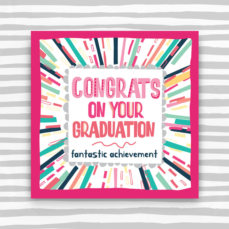 Congrats on your Graduation Fantastic achievement in pink colours greeting card (TF145)