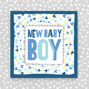 Card with 'NEW BABY BOY' text on a patterned background