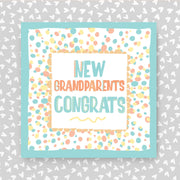 Greeting card with 'New Grandparents Congrats' text on a patterned background