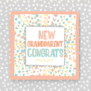Greeting card with 'New Grandparent Congrats' text on a polkadot background