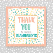 Card with 'Thank you for making us grandparents' text on a patterned background