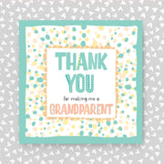 Card with 'Thank you for making me a grandparent' text on a patterned background