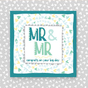 Card with 'MR & MR congrats on your big day' text on a patterned background. Perfect for same-sex couples on their Wedding Day.