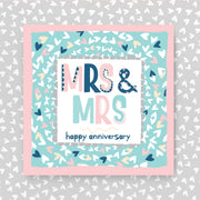 Card with 'Mrs & Mrs happy anniversary'. Perfect for same-sex couples with text on a patterned background.