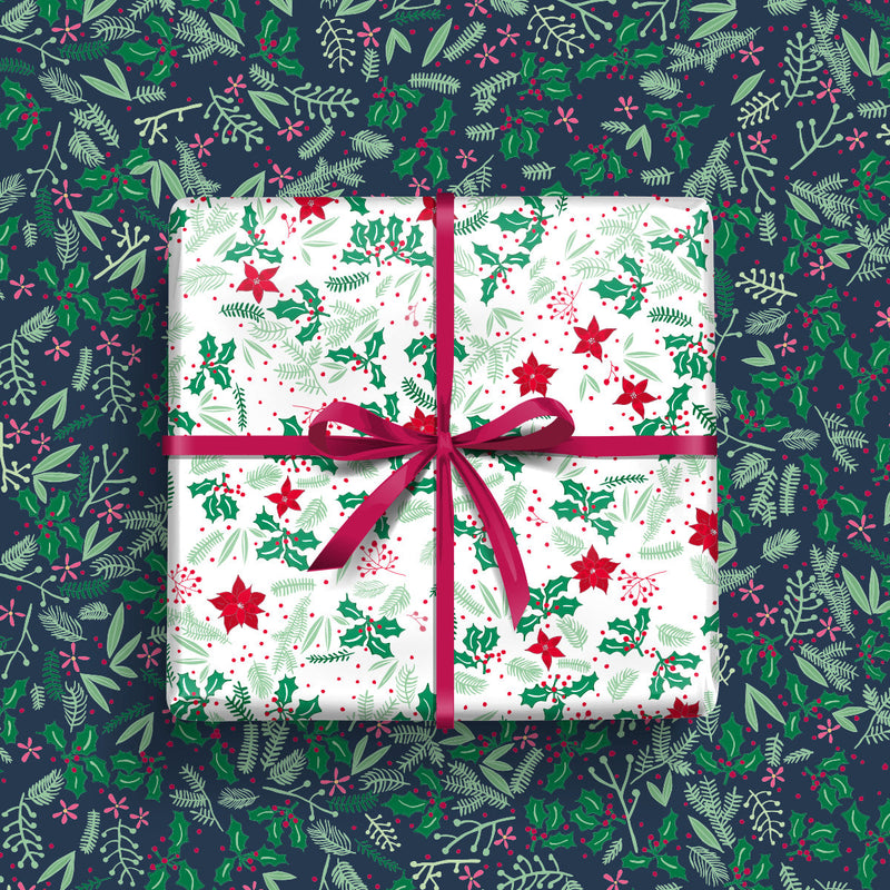 Christmas gift wrap -  Holly pattern on a white background (2 sheets - WR66)