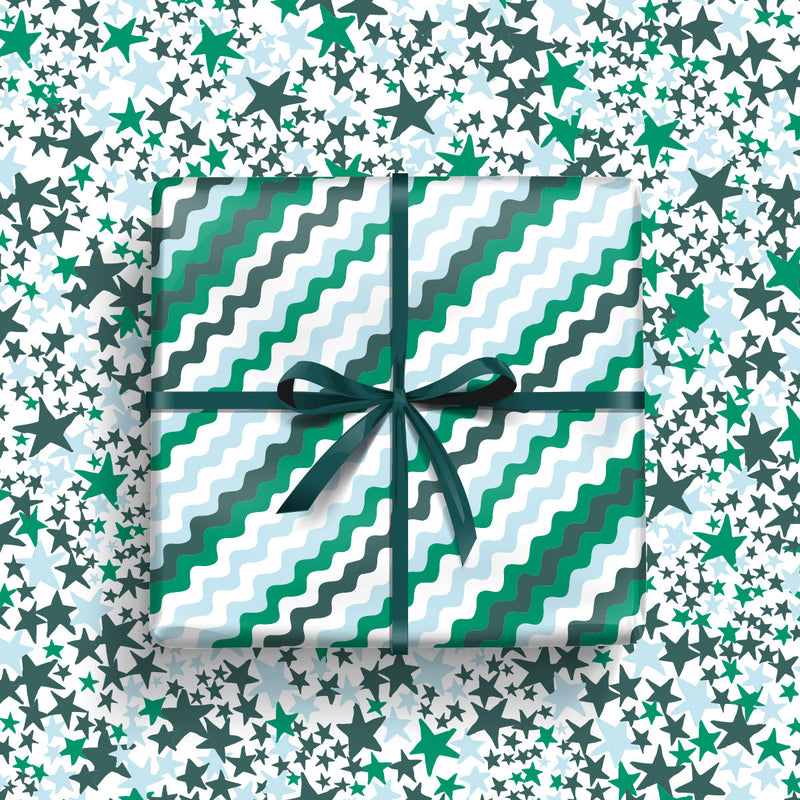 Christmas gift wrap - Green & Blue Wavy Lines (2 sheets - WR67)