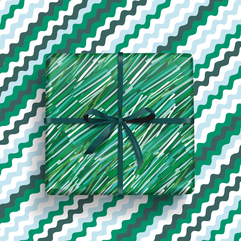 Christmas gift wrap - Green Layered Lines (2 sheets - WR68)