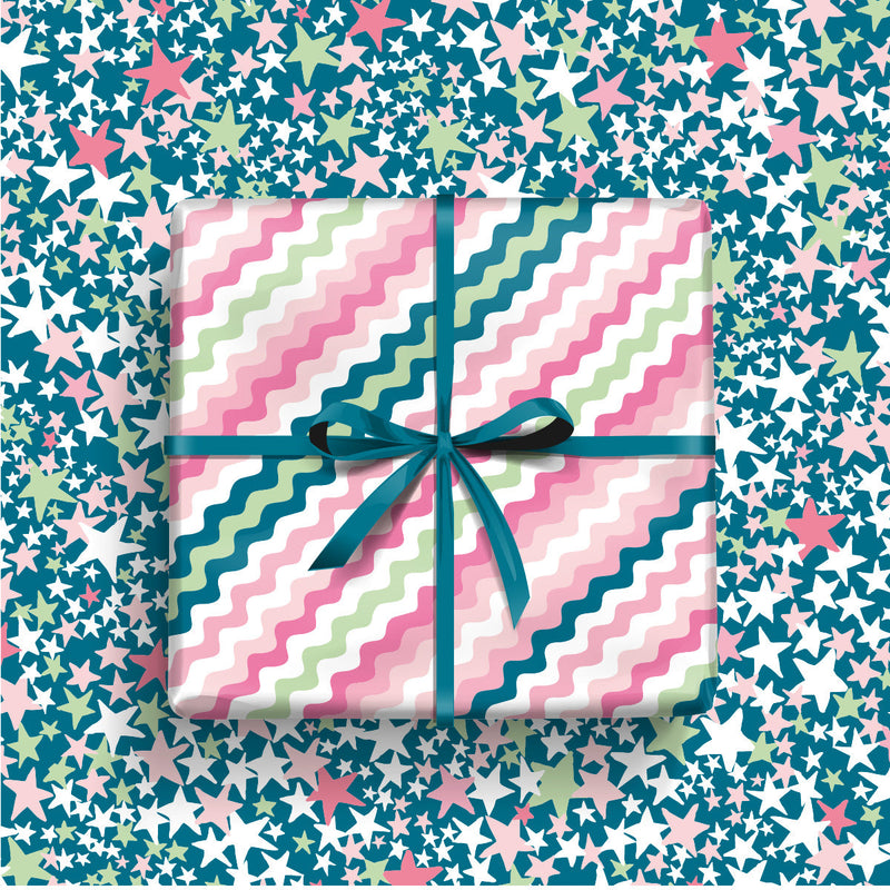 Gift Wrap - Pink & Green Wavy Lines (2 sheets - WR76)