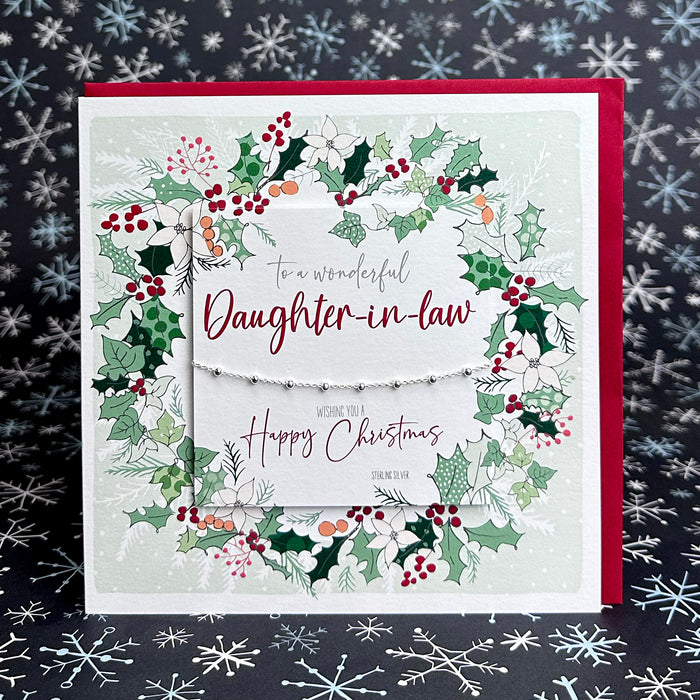 Daughter-in-law Christmas Card with Dainty 925 Sterling Silver Beaded Chain Bracelet