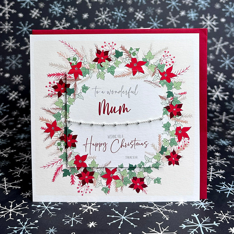 Mum Christmas Card with Dainty 925 Sterling Silver Beaded Chain Bracelet