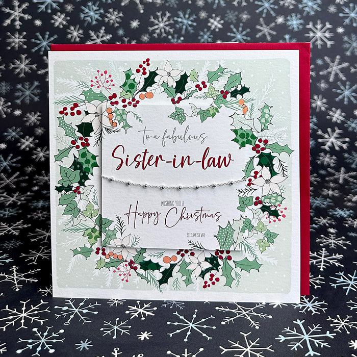 Sister-In-Law Christmas Card with Dainty 925 Sterling Silver Beaded Chain Bracelet