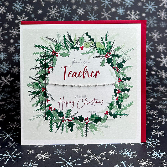 Teacher Christmas Card with Dainty 925 Sterling Silver Beaded Chain Bracelet