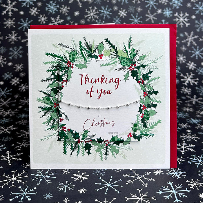 Thinking Of You Christmas Card with Dainty 925 Sterling Silver Beaded Chain Bracelet