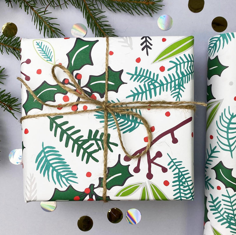 Christmas Gift Wrap - Holly and foliage on white (2 sheets - WR50)